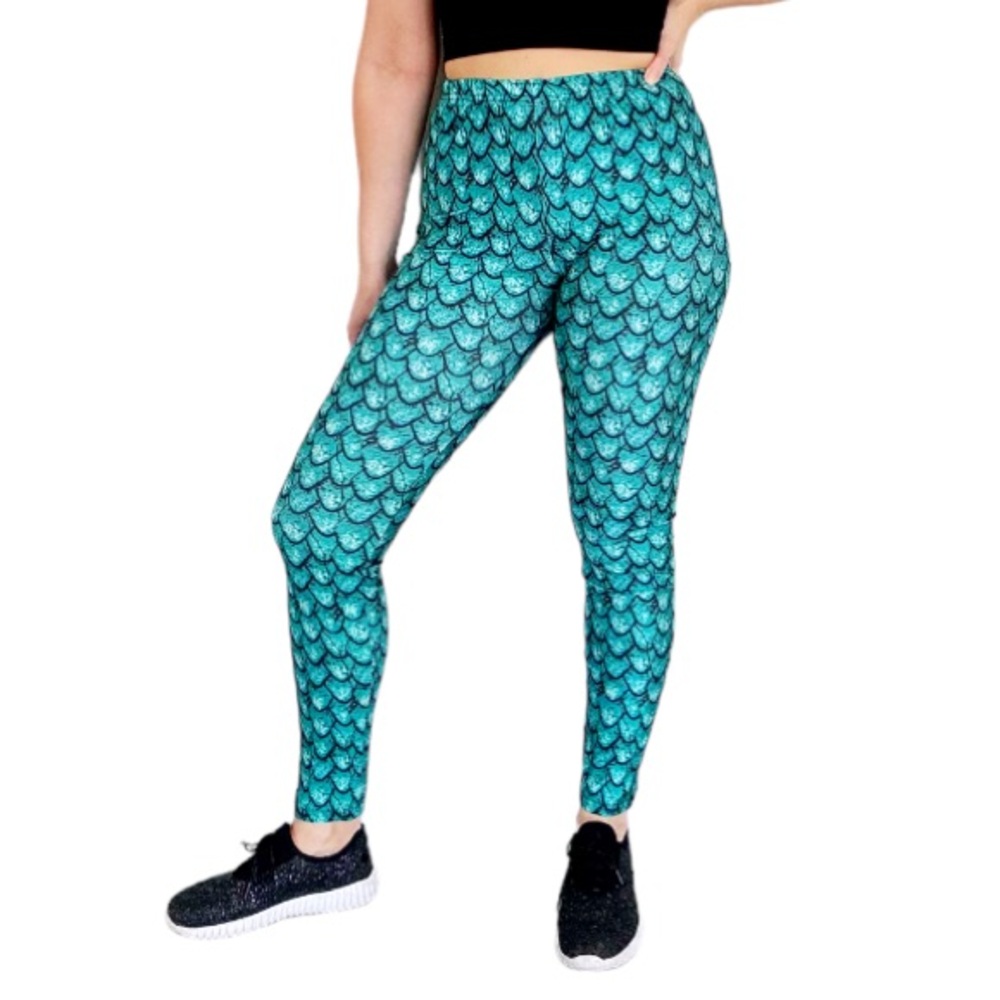Teal green mermaid dragon scale full length spandex stretch leggings one size